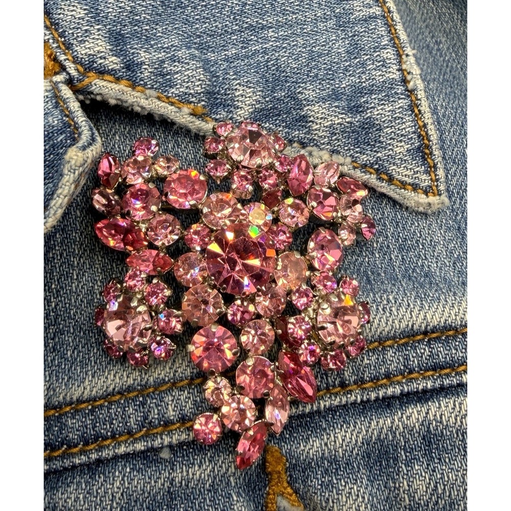 Pink Rhinestone Austria Brooch Vintage Floral Spray Silver Tone Statement Large